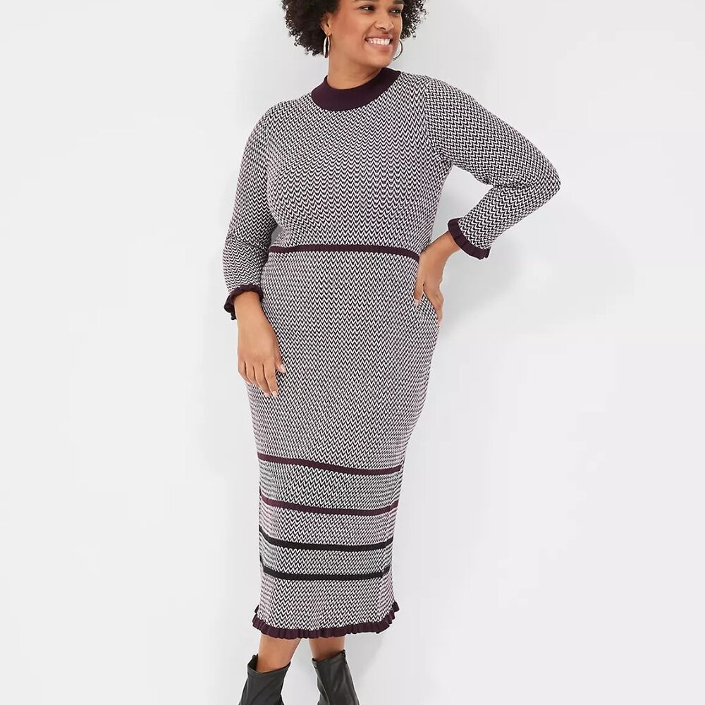 NWT Lane Bryant 3/4-Sleeve Mock-Neck Stripe Detail Sweater Midi Dress Sz 14/16